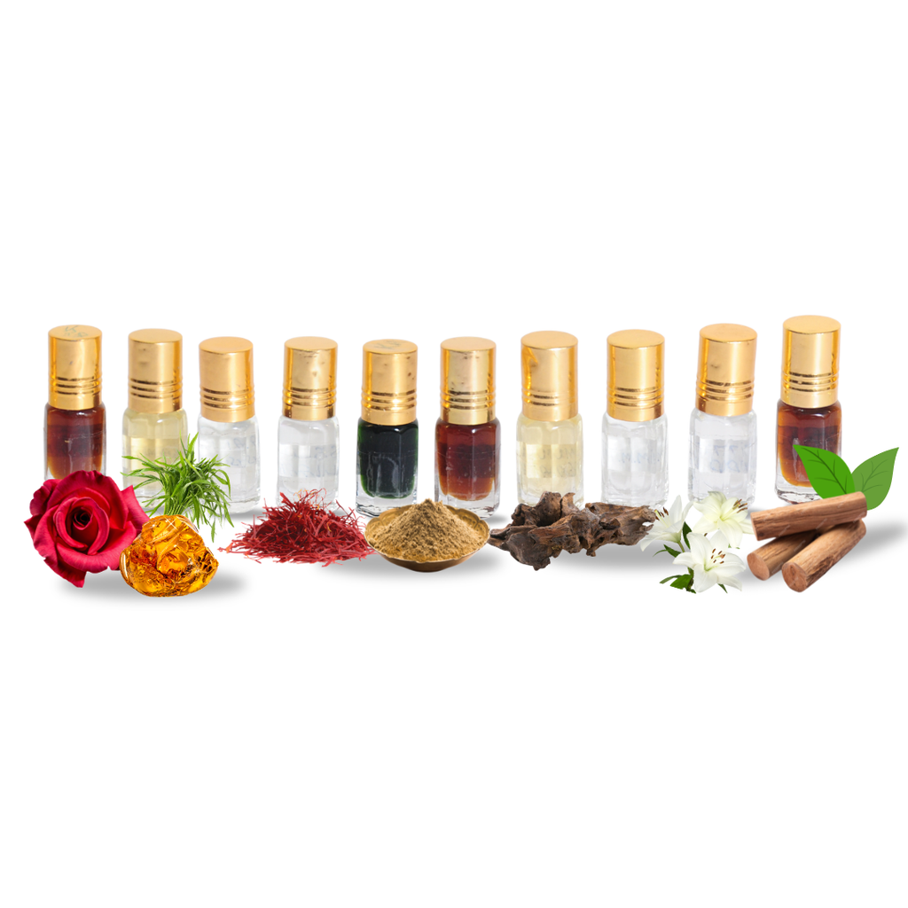 Sample Set Of 10 Natural Attars (Kasturi dana, White oudh, Chandan/Sandalwood, Asali gulab, Ruh Khus, Musk Safi, Shahi Mitti, Asthagandha, Swarna Kasturi, 786 majmua ) 3ml each