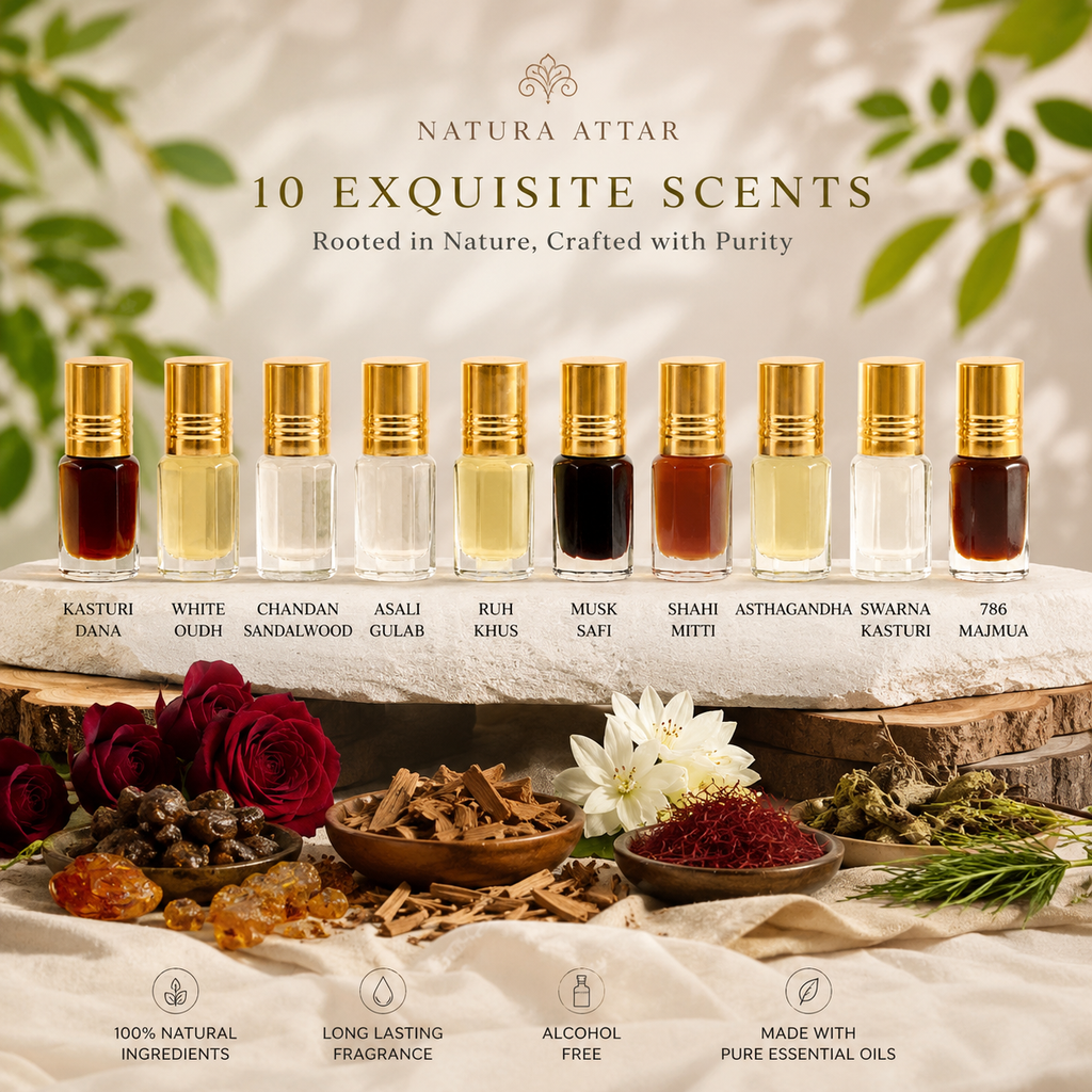 Sample Set Of 10 Natural Attars (Kasturi dana, White oudh, Chandan/Sandalwood, Asali gulab, Ruh Khus, Musk Safi, Shahi Mitti, Asthagandha, Swarna Kasturi, 786 majmua ) 3ml each