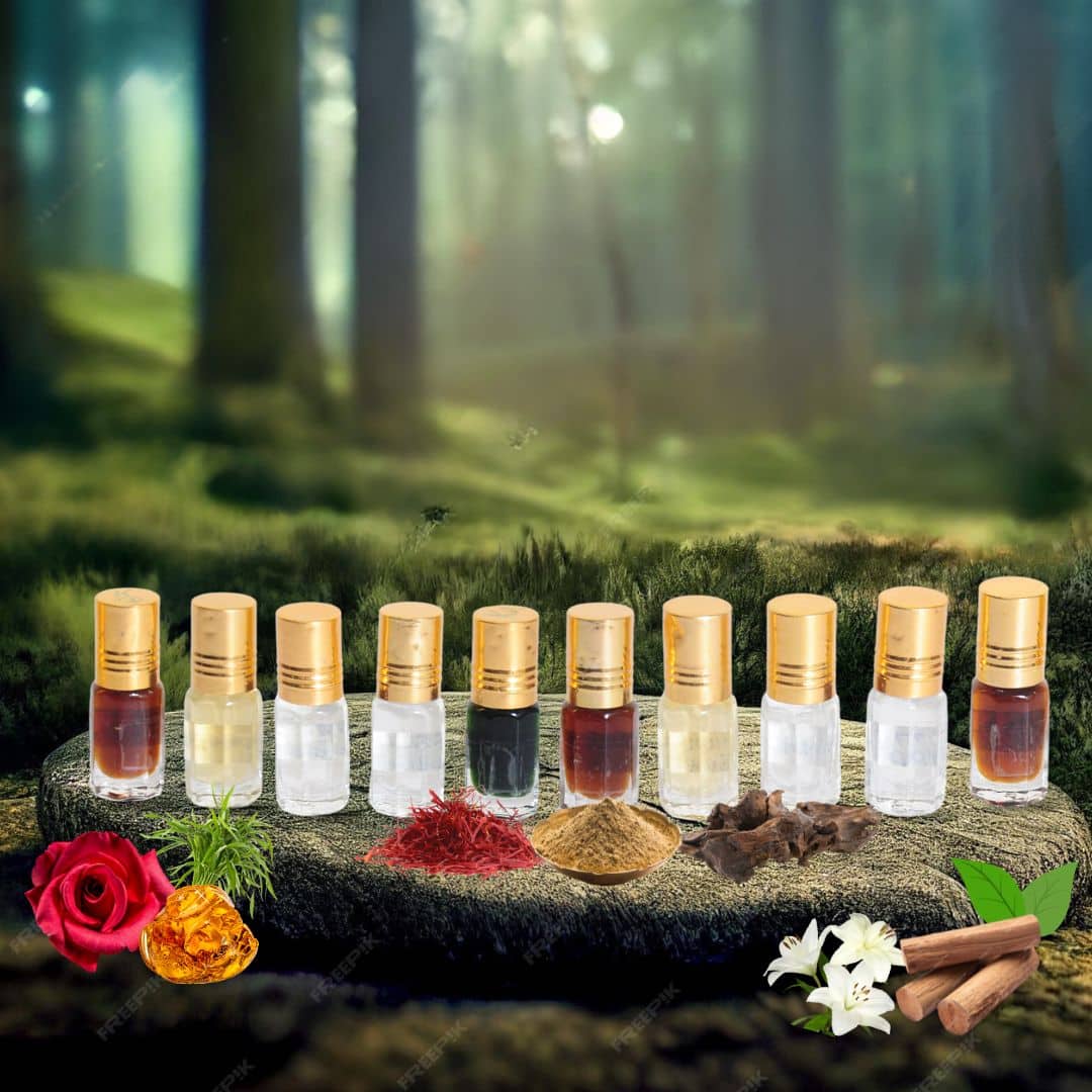 Sample Set Of 10 Natural Attars (Kasturi dana, White oudh, Chandan/Sandalwood, Asali gulab, Ruh Khus, Musk Safi, Shahi Mitti, Asthagandha, Swarna Kasturi, 786 majmua ) 3ml each