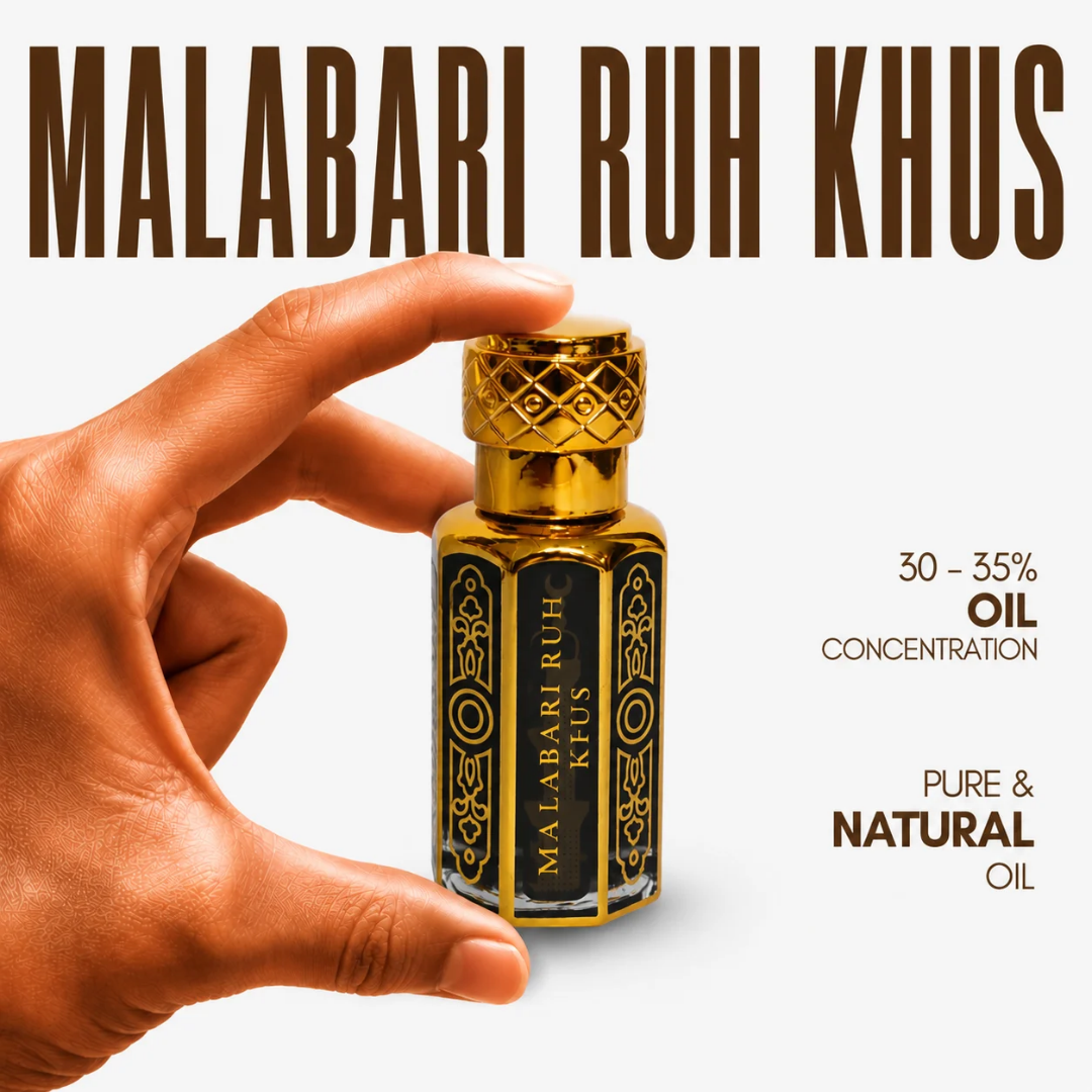 Pure Rooh Khus Malabari Attar Perfume Oil / Ruh Khus Roll On Ittar for Men Women & Religious Use - Natural Attar (Non-Alcoholic)