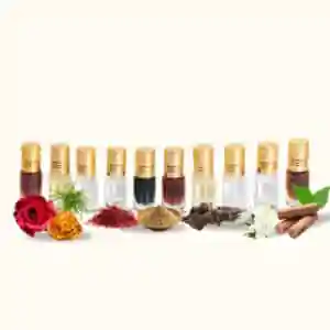 Sample Set Of 10 Natural Attars (Kasturi dana, White oudh, Chandan/Sandalwood, Asali gulab, Ruh Khus, Musk Safi, Shahi Mitti, Asthagandha, Swarna Kasturi, 786 majmua ) 3ml each