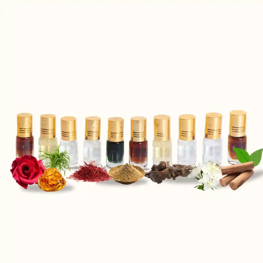 Sample Set Of 10 Natural Attars (Kasturi dana, White oudh, Chandan/Sandalwood, Asali gulab, Ruh Khus, Musk Safi, Shahi Mitti, Asthagandha, Swarna Kasturi, 786 majmua ) 3ml each