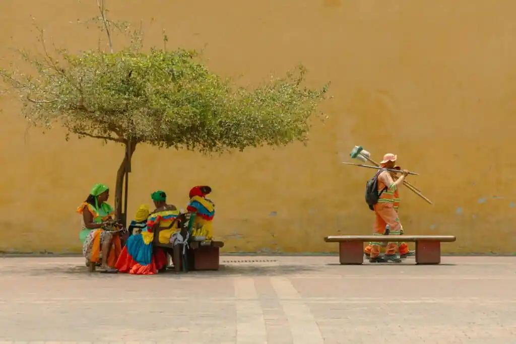 Women in vibrant traditional attire rest under a tree while a worker passes by.